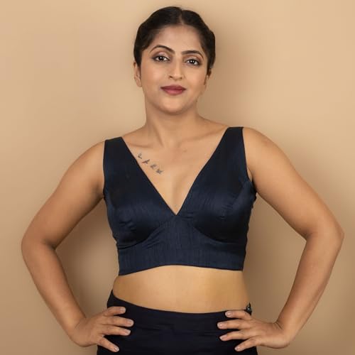 Image of FIGURE'S DESIGNER Women's Dupion Raw Silk Sleeveless V Neck Sabyasachi Cut Readymade Saree Blouse Padded Stitched S4