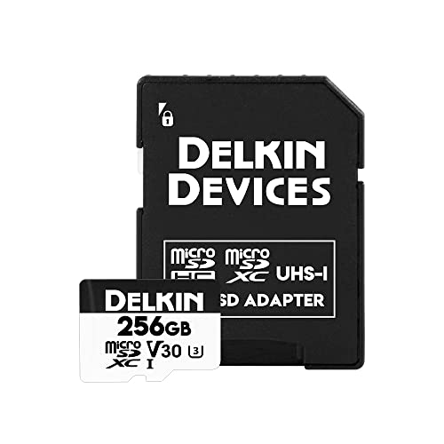 Delkin Devices Drone 256GB microSD�J�[�h UHS-I U3 V30 A2 ? �ǂݎ��190MB/�b 155MB/�b �������� ? �h���[���p�ɐ݌v 4K UHD�r�f�I DJI�Ή� microSDXC �A�_�v�^�[�t�� (2