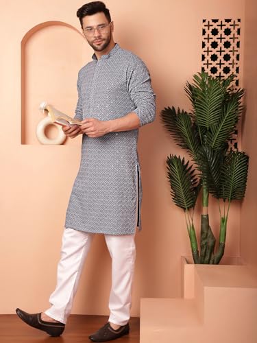 Image of Jompers Men's Grey Embroidered and Sequence Kurta with Pyjama (Grey, S)