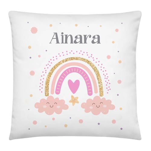 Anak Anak Cojín Infantil Arcoíris Rosa Personalizado con Nombre – Poliéster Suave y Lavable – Ideal para Guardería o Vuelta al Cole – Decoración Habitación Infantil – Regalo Original para Niñas