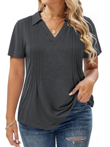 Womens Plus Size T Shirts Summer Fashion Work Polo Tunics Cute Collared V Neck Short Sleeve Tops Dark Grey XL