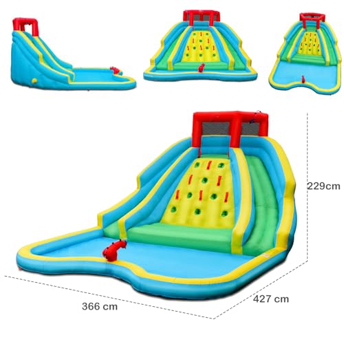 Ficha técnica LIFEZEAL Castillo Hinchable con soplador 680W para niños de 3 a 10 años Parque acuático con tobogán Doble Pared para trepar Piscina Grande con cañón de Agua 427 x 366 x 229 cm - Fernando Cortés