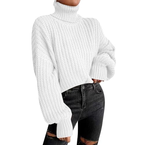 Womens Cropped Turtleneck Sweater Ribbed Knit Lantern Sleeve Fall Pullover Sweaters