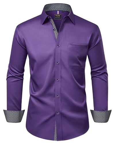 Alimens & Gentle Men's Dress Shirts Long Sleeve Wrinkle-Free Business Casual Button Down Shirt, Dark Purple, Large
