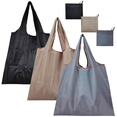 NHBETYS 3 pcs Foldable Shopping Bag, Reusable Shopping Bags Nylon Waterproof Tote Bag Grocery Bags Shopper for Fruit Vegetable Storage(black, dark beige, gray)