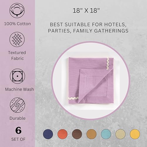 Image of FINGERCRAFT Cloth Napkins Set of 6, 18x18 Inch, 100% Cotton Table Napkins with RIC Rac Scallop Lace Trim, Reusable Washable Dinner Napkins for Wedding, Party, Dining & Home Decor (Lavender)