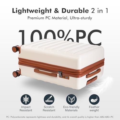 luggage sets 3 Piece with Spinner Wheel,100% PC Material Lightweight Durable,Expandable Carry On Travel Hardside Suitcase sets with TSA Lock for Men and Women (White+brown)3