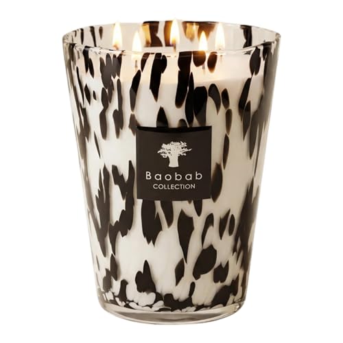 Baobab Collection Black Pearls Scented Candle Hand-Blown Glass Vessel Black and White Speckled Ginger and Black Rose Fragrance (Grande)