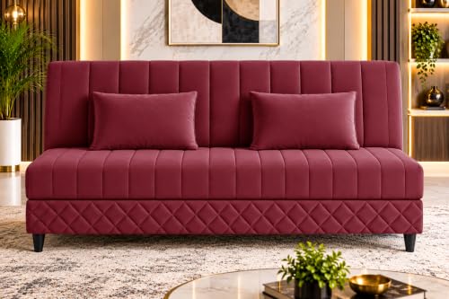 Image of 3-Seater Velvet Sofa Cum Bed | Tufted Convertible Sleeper Sofa | Plush Cushioned Seating | Space-Saving Design for Living Room, Bedroom & Office | Red