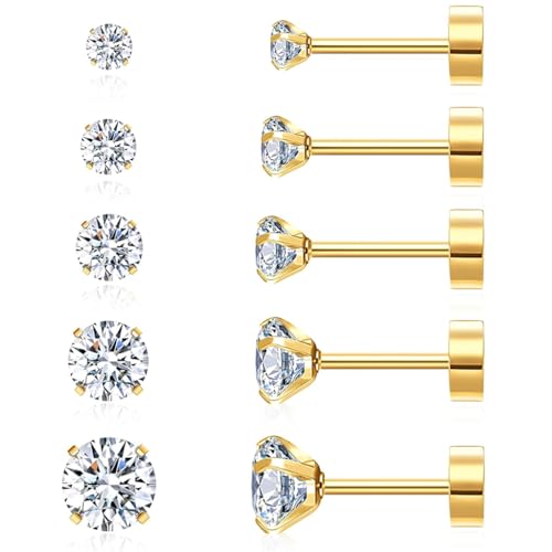 Image of SANNIDHI 5 Pairs Earrings for Women Flat Back Gold /Silver Cartilage Stud Earrings Cubic Zirconia 316L Stainless Steel Earrings - 3 4 5 6 8mm Hypoallergenic Nickel-Free