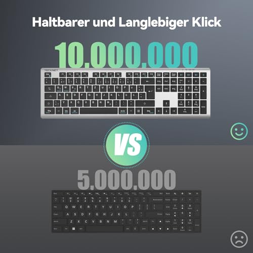 TECKNET Bluetooth Tastatur Kabellose(BT+2.4G), Wiederaufladbare Multi-Device Wireless Keyboard mit Einfacher bis zu 4 Geräte, Ultraflache, QWERTZ Layout für Mac/Windows/iOS/Chrome OS 5
