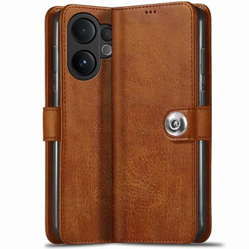 Image of TheGiftKart Genuine Leather Finish Flip Back Cover Case for Vivo V60 5G / V60e 5G / Vivo T4 Pro 5G | Inbuilt Pockets & Stand | Wallet Style | Designer Button Magnet Flip Cover (Faux Leather, Brown)