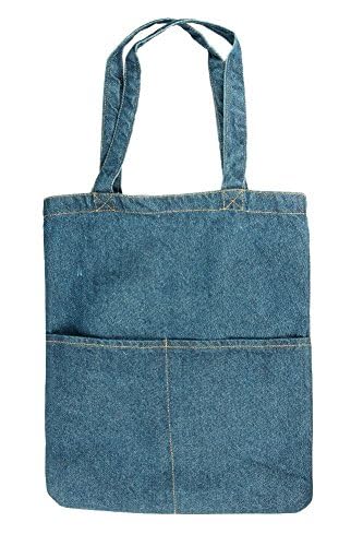 Mens Womens Denim Tote Shoulder Shopping Bag Satchel with Front Pockets - Stonewash
