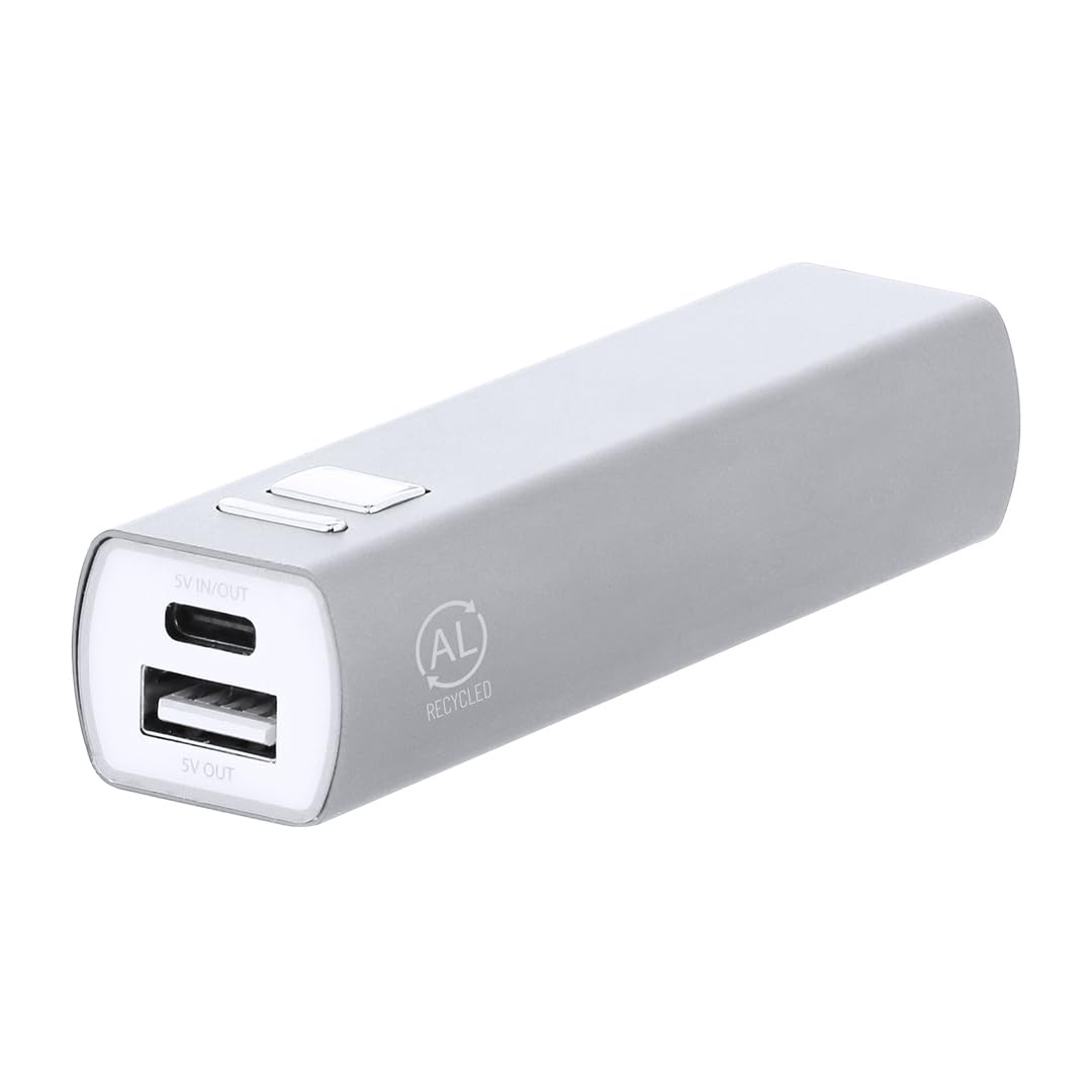 Lote de 10 Power Bank en Aluminio Reciclado. Capacidad de Carga 2600 MAh, con Cable Tipo C Incluido. con botón ON/Off.