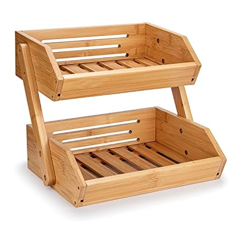 Bamboo Fruit Basket, 2-Tier Fruit Rack Holder Organiser for Countertop, Decorative Fruit Bowl Vegetables Bread Storage Stand for Kitchen Cover