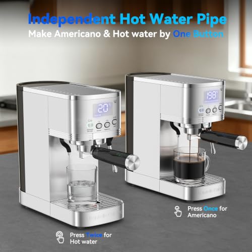 Image of Espresso Machine 20 Bar Temperature and Timer LED Display Espresso Maker with Adjustable Extraction Temperature Stainless Steel Coffee Machine with Steam Milk Frother for Cappuccino Latte Americano