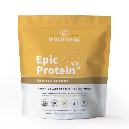 Image of Sprout Living Epic Protein, Plant Based Protein & Superfoods Powder, Vanilla Lucuma Powder | 20 Grams Organic Protein Powder, Vegan, Non Dairy, Non-GMO, Gluten Free, Low Sugar (5 Pound, 60 Servings)