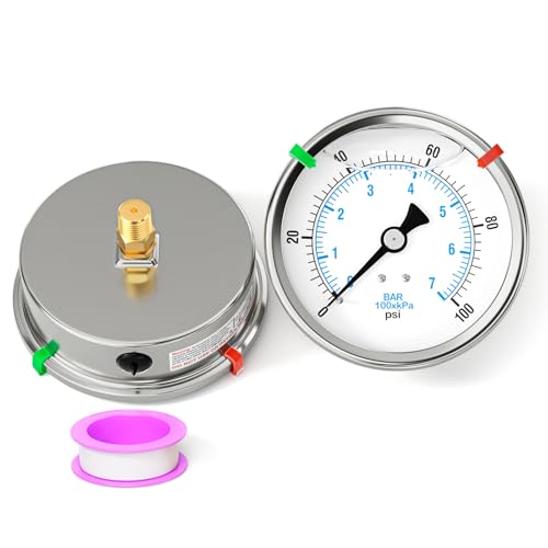 0-100PSI Stainless Steel Liquid Filled Pressure Gauge, 4" Dial Size, 1/4" NPT Back Mount, for Tube, Water Pump, Gas, Liquid, Pressure Test (with Range Mark Pointer)