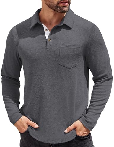 COOFANDY Mens Long Sleeve Polo Shirts Basic Casual Button T-Shirt Lightweight Pullover Shirts Khaki