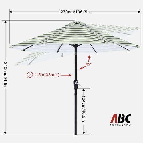 Image of ABCCANOPY 9FT Patio Umbrella Outdoor 8 Ribs Table Umbrella | Fade & UV Resistant Fabric,8 Fiberglass Ribs,Smooth Crank System,Green Stripes,Great for Patio,Backyard,Garden,Deck