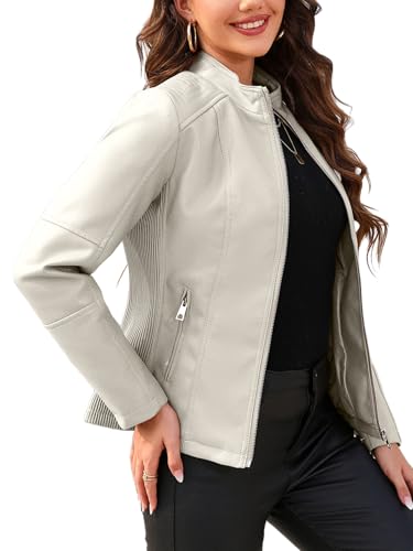 Bellivera Faux Leather Jackets for Women Motorcycle Spring Clothing Coat 37 Beige L