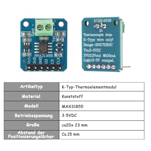 2 Stück MAX31855 K Type Thermocouple Module,Temperatur 200℃~1350℃, SPI-Port Digitalausgang, 14-Bit Auflösung, 0,25°C Genauigkeit, für Industrielle Temperaturmessung