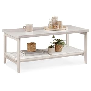 VASAGLE 2 Tier Coffee Table for Living Room Living Room Table Rectangular Center Table with PVC Rattan Storage Shelf Rounded Corners Easy Assembly Boho Style Oatmeal Beige ULCT240K66