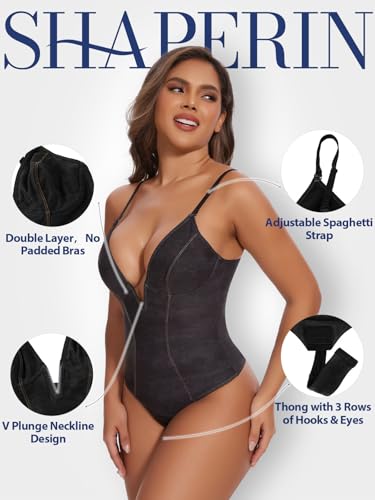 Image of SHAPERIN Bodysuit for Women Shapewear Tummy Control Deep V Neck Plunge Sleeveless Backless Thong Body Suit Tank Top
