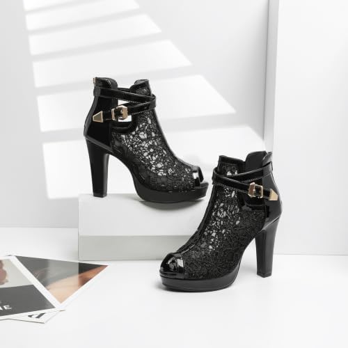 Image of Susanny High Heel Boots for Women,Womens Platform Boot Heels Sexy Round Toe Lace UP High Heels Mid Calf Boots