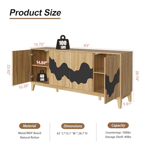 UEV Buffet Cabinet, 63" Modern Sideboard with Black Water Stream Pattern, Kitchen Storage Cabinet with 4 Doors and Shelf, Wood Credenza for Dinning Room, Living Room (Natural and Black)
