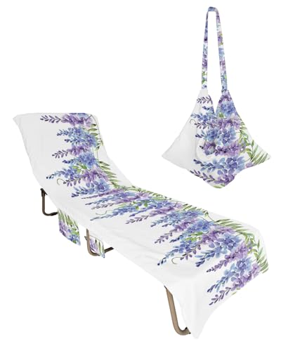 Spring Floral Beach Chair Towel Covers for Chaise Lounge with Side Pocket, Soft Plush Pool Towels Cover for Patio Sunbathing Outdoor 29''x85'' Watercolor Leaves Plant Butter-fly