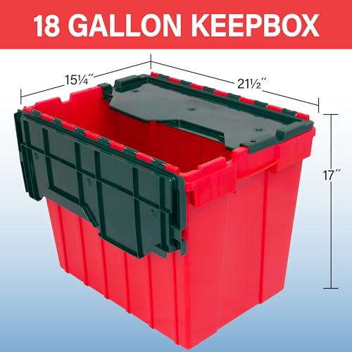 Image of Akro-Mils KeepBox 18 Gallon Storage Container, Nesting and Stackable Plastic Storage Box with Lid Attached, Organizer Tote for Garages, Closets, and Moving, 21 inch x 15 inch x 17 inch, Red /Green