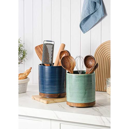 Image of Utensil Holder, 360 Rotating Extra Large Ceramic Kitchen Utensil Holder for Countertop, 7.3 inch Cooking Utensil Crocks for Kitchen Counter with Rotatable Wooden Base, Farmhouse Decor, Dark Blue