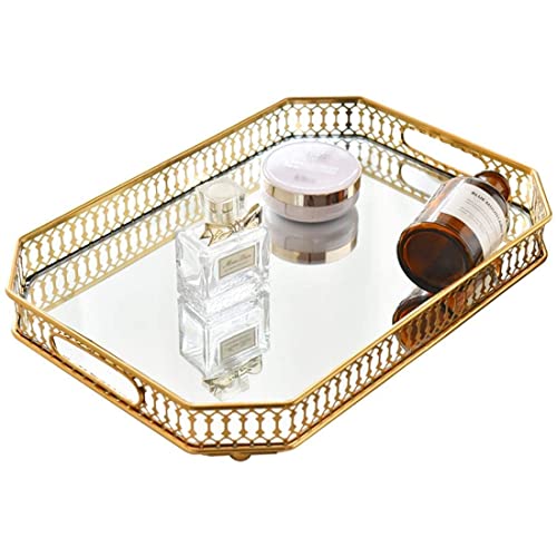 Perfume Tray, Mirror Tray, Vanity Tray, Glass Tray, Rectangle Metal Decorative Dresser Tray, Jewelry Organizer Makeup Tray for Dresser, Bathroom, Bedroom, Gold, Large Size 13.8" X 9.6" X2.2"