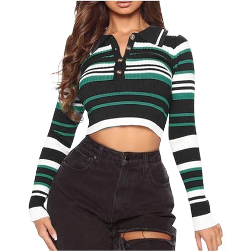 Striped Collared Sweaters for Women Y2k Teen Girls Bodycon Crop Tops Chic Long Sleeve Spring Fall Pullover Sweater