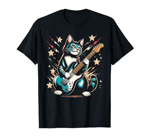 Cat Shirts for Men Women Kids Heavy Rock Guitar Cat Gifts Camiseta