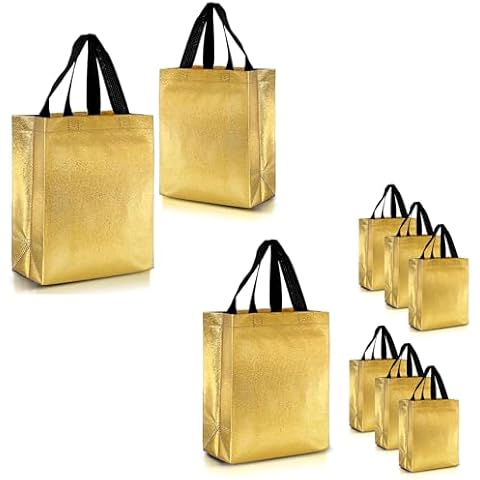 Nush Nush Gold Gift Bags Medium Size – Set of 12 and 30 Reusable Gold Party Bags With a Glossy Finish - Perfect As Goodie Bags With Handles, Gold Christmas Bags, Party Favor Bags – 8Wx4Dx10H Size Cover