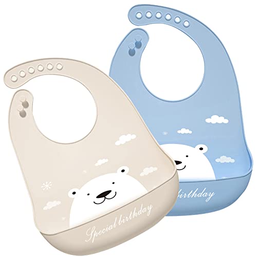 Image of Eimmabey Silicone Bibs for Babies and Toddlers 2 Sets Feeding Bibs for Boy and Girl, Adjustable Soft Waterproof Bibs