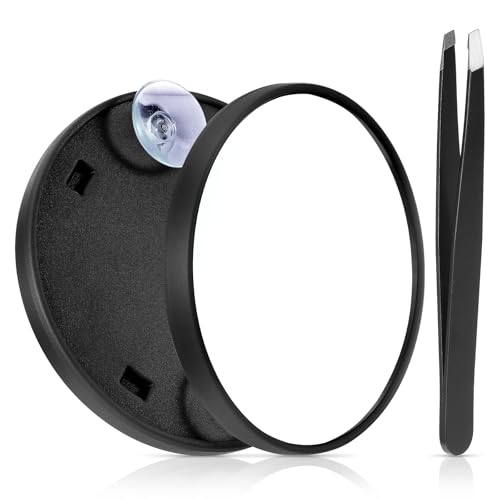 JIEYAO Miroir Grossissant x5 de Voyage 9,1 cm - Avec 2 Ventouses, Pince à Épiler - Miroir de Maquillage de Poche (Noir)