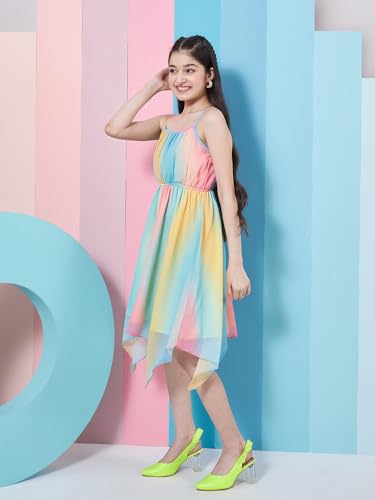 Image of Pspeaches Girl's Striped Shoulder Strap Crepe Fit Flare Midi Dress Stylish Casual Wear