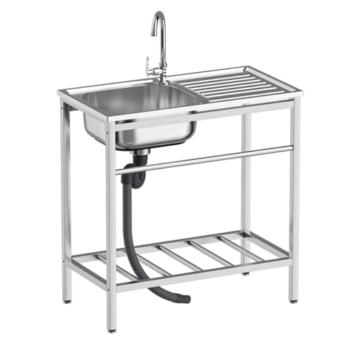 Free Standing Utility Sink, Outdoor Stainless Steel Laundry Tub, Portable Single Bowl Washing Hand Basin Station with Workbench, Fish Cleaning Table &Storage Shelves for Garage, Kitchen,Camping