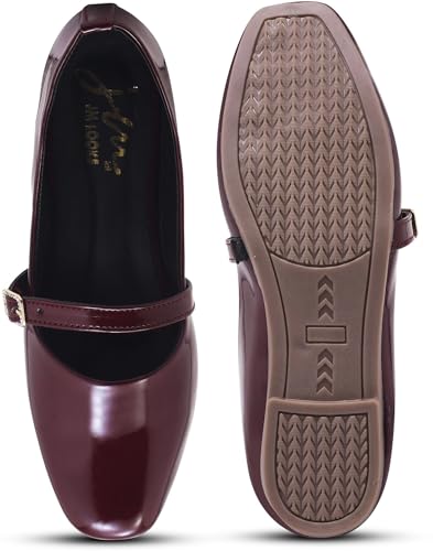 Image of Duosoft Women's Mary Jane Flats, Burgundy, Patent Leather, Square Toe, Buckle Strap