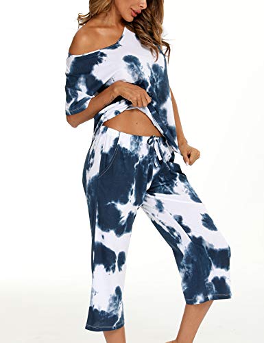 Enjoynight Women's Tie Dye Printed Pajama Sets Sleepwear Top With Capri Pants Lounge Sets With Pocket(X-Large, Navy) #TOP2