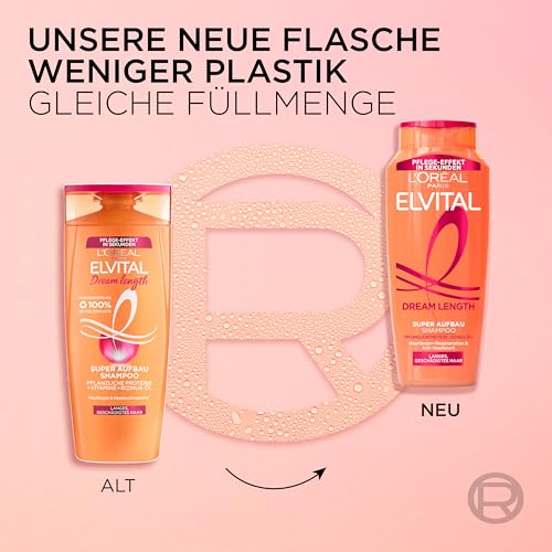 L'Oréal Paris Elvital XXXL Shampoo gegen Spliss, Für traumhaft langes Haar, Mit Rizinusöl, Vitaminen und pflanzlichen Proteinen, Dream Length Super Aufbau Haarshampoo, 1 x 1000 ml