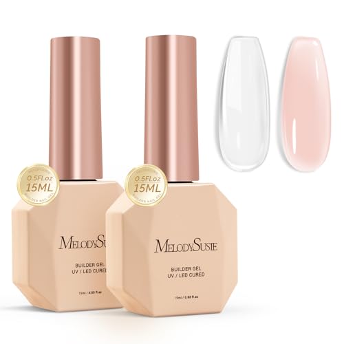 Image of MelodySusie 2PCS 15ML Clear Nude Pink Builder Nail Base Gel for Nails Thickening,Soak Off UV Extension Gel,Rhinestone Glue in a Bottle for Nail Art Design Gift for Women Salon DIY Manicure at Home