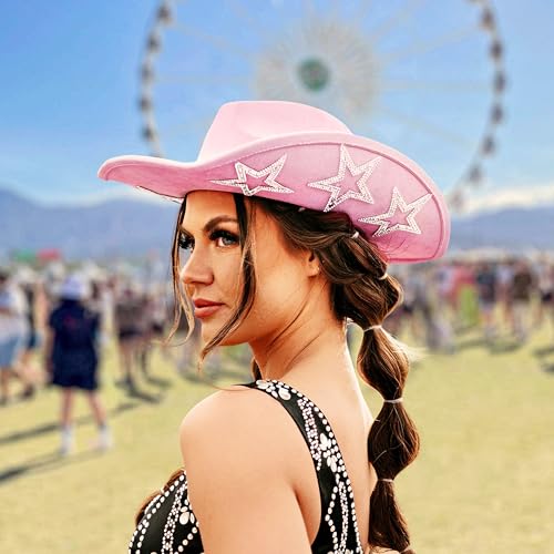 Image of Keilin Rhinestone Cowgirl Hat Disco Cowboy Hat Felt Western Nashville Bachelorette Party Hat for Teens and Adults
