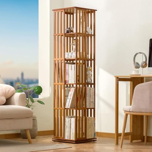 Image of 360 Rotating Bookshelf - Bamboo Storage Display Rack | Open Design Shelving for Living Room, Study Room, Office | Standing Shelves Size - 72'' x 18'' x 18'' Inch