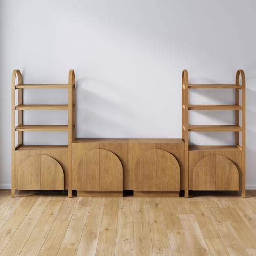 Image of Nathan James Iris Sideboard and Bookcase Set, Mid-Century Modern Solid Wood Storage Unit with Arched Doors, 2 Cabinets and 2 Bookshelves with Cabinet, Light Brown