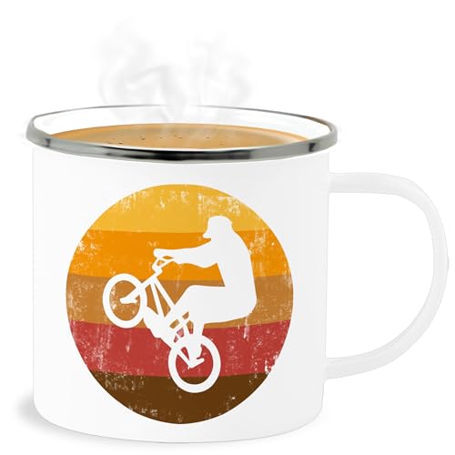 Emaille Becher Blechbecher - Deko Tasse Hobby - Radsport Geschenk BMX Fahrer Geschenk Radfahrer I - 300 ml - Weiß Silber - rad mtb fahrrad downhill fahrradmotiv mountainbike für fahrradfahrer