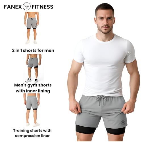 Image of Men's 2 in 1 Active Dual Shorts with Inner Tights Layer & Compression Liner, Double Layer Athletic Short for Running, Gym & Sports